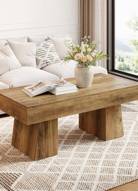 Farmhouse Rectangular Coffee Table - 47-Inch Wooden Accent Table with Sturdy Base for Modern Living Room (Rustic Brown)