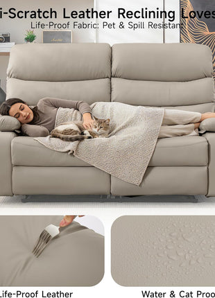 Beige Reclining Loveseat - Anti-Scratch Leather Double Recliner Sofa with Side Pocket for Living Room, RV, and Home Theater