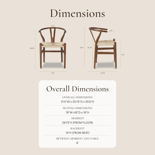 Weave Dining Chairs – Mid-Century Modern Wishbone Dining Chairs with Arms, Solid Wood Frame, Indoor Use – Walnut– Set of 2 - Ideal for Dining Room, Kitchen or Stylish Accent Setting