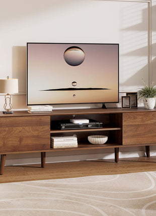 70-Inch Mid-Century Modern TV Stand for TVs up to 80 Inches, Entertainment Center with Storage and Adjustable Shelves in Walnut Finish
