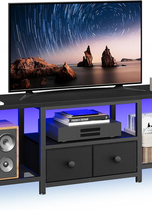 Compact LED TV Stand with Fabric Drawers and Mesh Shelves for TVs up to 50 Inches, Media Console for Living Room and Bedroom, Black DS11DBB