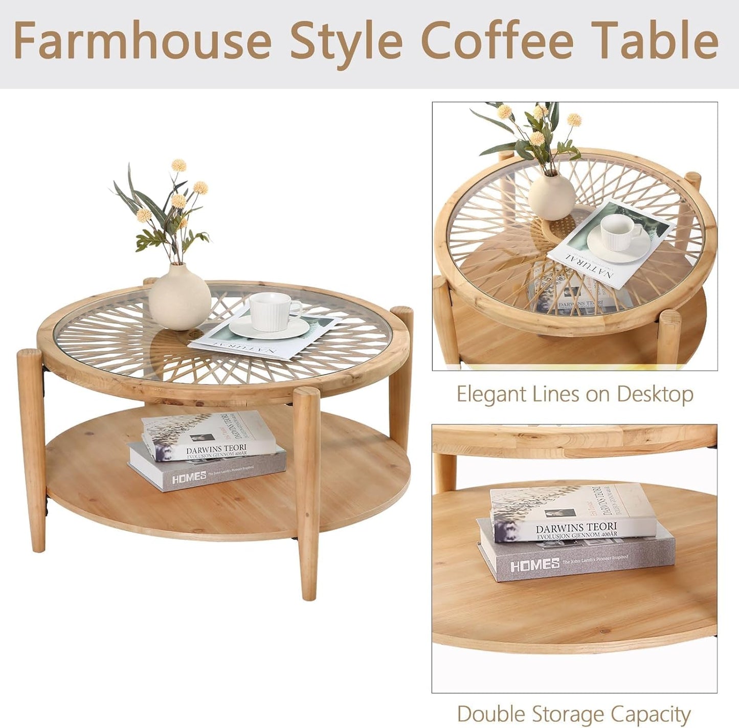 Rattan Coffee Tables,2-Tier round Boho Cocktail Tables, Mid Century Modern Coffee Table with Rattan & Tempered Glass Top and Wood Legs, Sofa Table for Living Room(Natural)