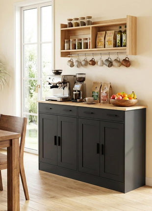 53-Inch Modern Black Buffet Cabinet with Storage - Stylish Kitchen Sideboard Featuring 2 Drawers and 4 Doors, Perfect for Dining Room, Living Room, and Hallway