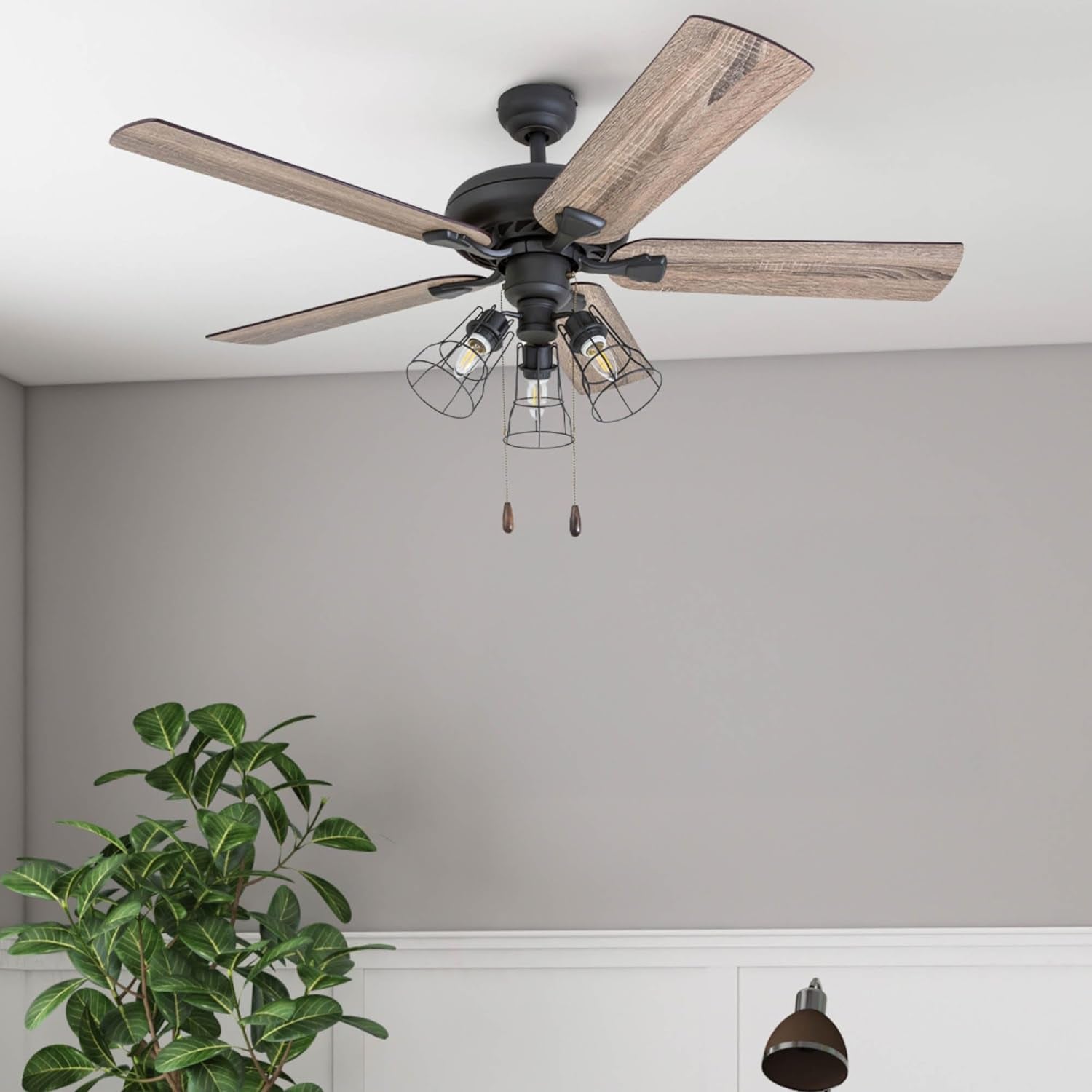 Lincoln Woods, 52 Inch Industrial Style LED Ceiling Fan with Light, Pull Chain, Three Mounting Options, 5 Dual Finish Blades, Reversible Motor - 50581-01 (Bronze)