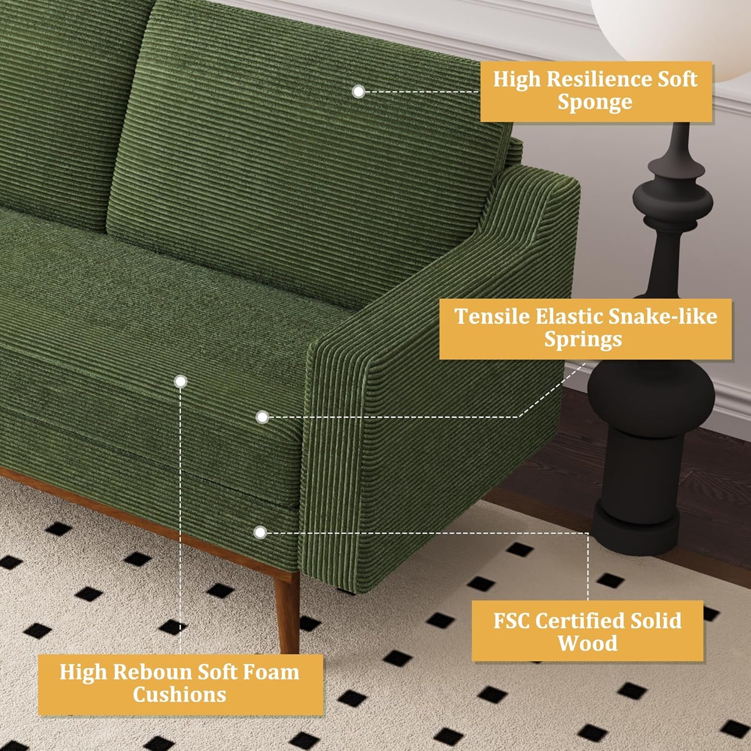 65.4" Loveseat Sofa Green Corduroy Couch, Mid-Century Modern Small Couches for Living Room, Bedroom, Office, Comfy Sofa with Spring Cushion, Solid Wood Frame, Tool-Free Assembly