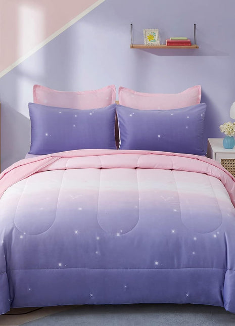 Full Size Girls Comforter Set - Colorful Ombre Pink Purple Rainbow Bedding Ensemble, 7 Pieces Including Comforter, Flat Sheet, Fitted Sheet, Pillow Shams, and Pillowcases