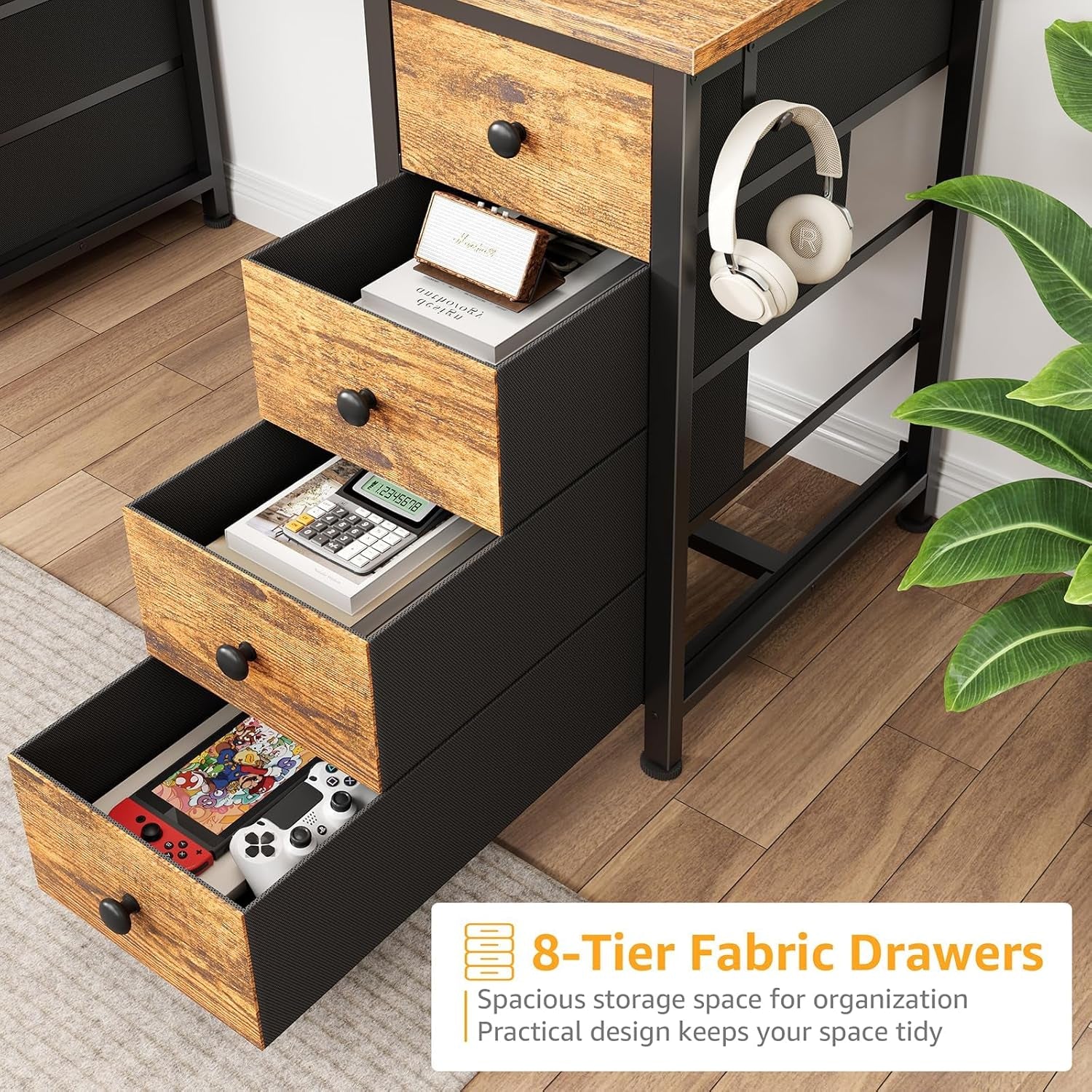 Office Desk with Fabric Drawers on Both Sides, 47 Inch Home Office Desk with 8 Fabric Drawers, Writing Study Work Computer PC Desks with Storage for Bedroom, Rustic Brown