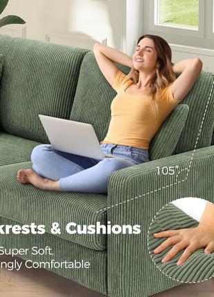 70-Inch Corduroy Sofa for Living Room, Tool-Free Assembly, Comfortable 3-Seater Loveseat with 21-Inch Deep Seats and 2 Pillows, Ideal for Bedroom Use, Green Finish