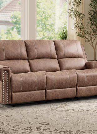 Manual Reclining Faux Leather Sofa, 3-Seater Overstuffed Couch with Vintage Rivet Mid-Century Modern Design for Living and Meeting Rooms - Brown