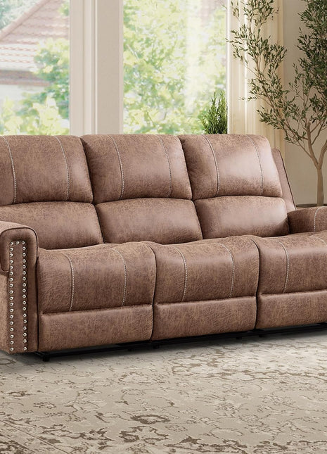 Manual Reclining Faux Leather Sofa, 3-Seater Overstuffed Couch with Vintage Rivet Mid-Century Modern Design for Living and Meeting Rooms - Brown