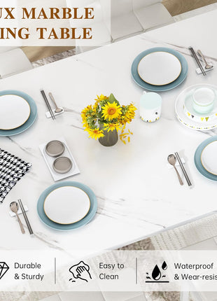 Contemporary Dining Table Set for Four with Faux Marble Surface and Leather Upholstered Chairs, Perfect for Compact Areas, White Finish