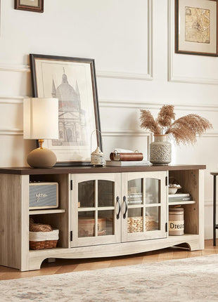 Farmhouse-Style TV Stand for 65-Inch Televisions, Wooden Entertainment Center with Glass Door Storage and Adjustable Shelves, Sturdy TV Console for Living Room and Bedroom