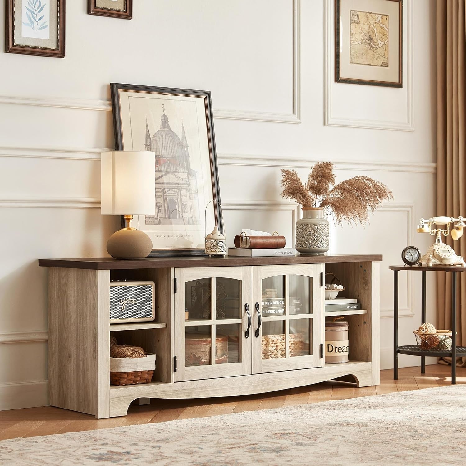 Farmhouse TV Stand for 65 Inch TV, Wood Entertainment Center with Glass Door Storage Cabinet & Adjustable Shelves, Large Sturdy TV Console Table for Living Room Bedroom