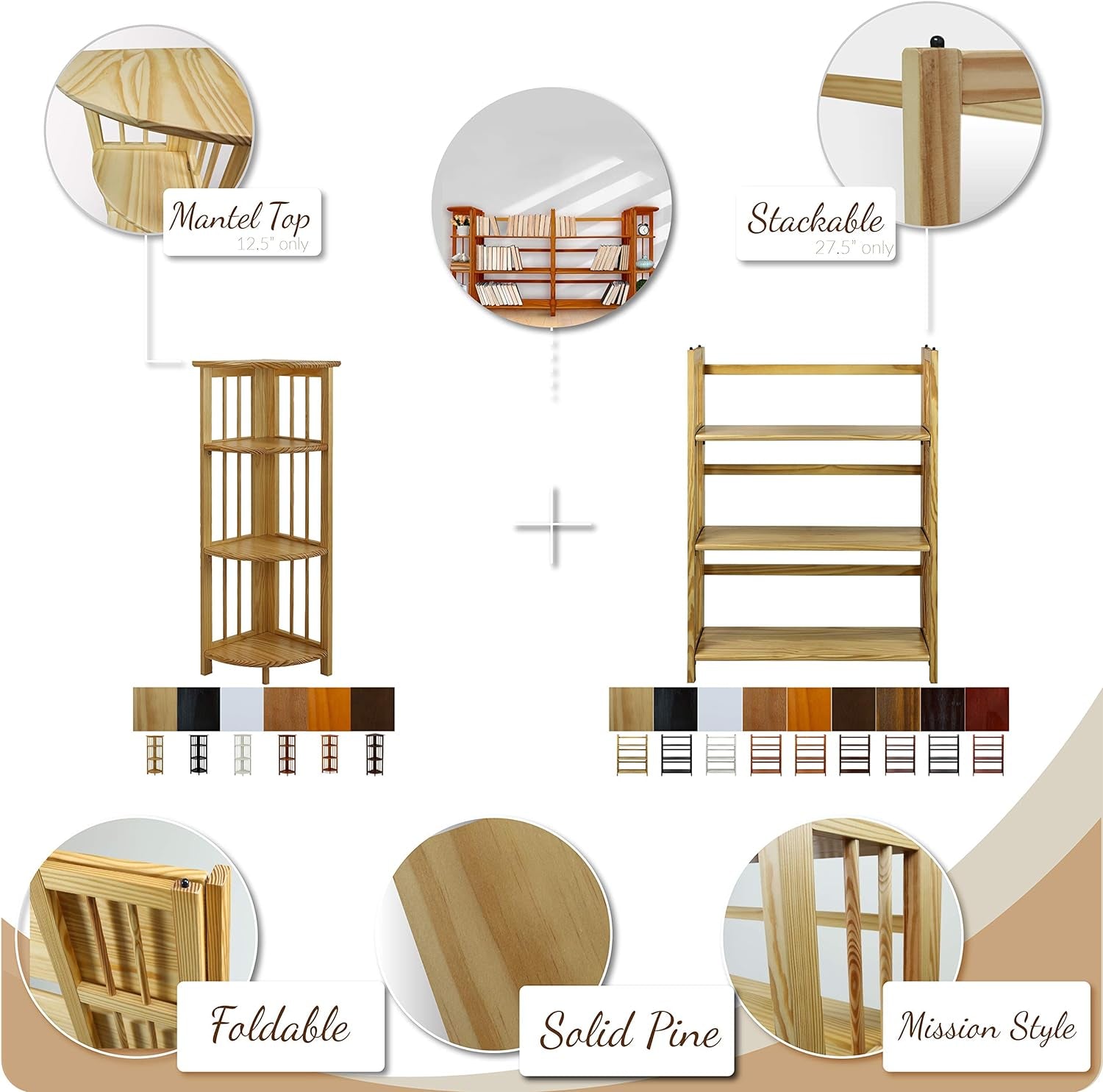 3-Shelf Stackable 27.5" Wide-Chestnut Fold Bookcase