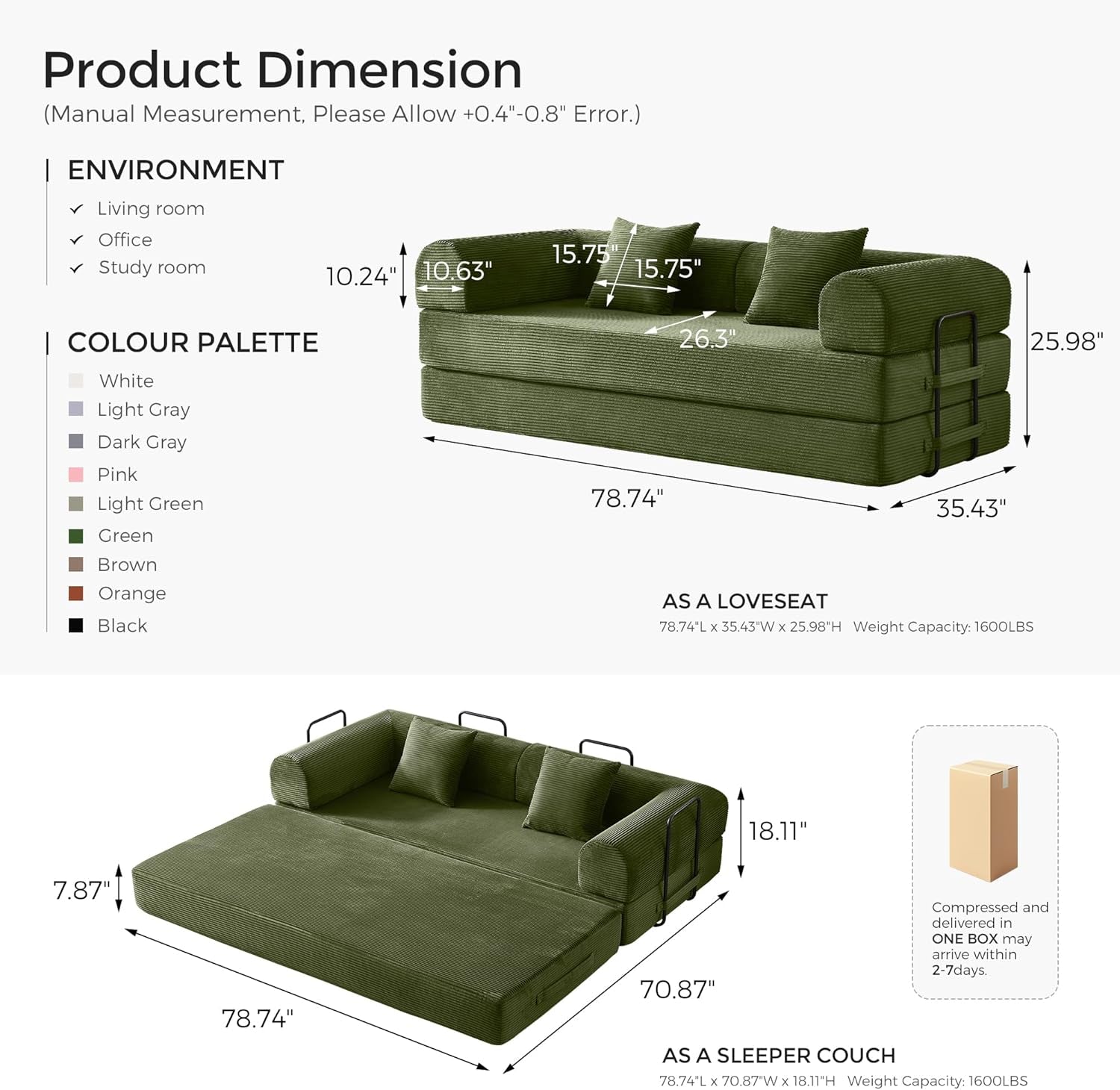 79" Convertible Sof Bed with Fixed-Shpe Frme & Removble rmrests, Modulr Corduroy Sleeper Sof, Folding Mttress Couch for Smll Spces - No ssembly Needed in Green (Includes 2 Pillows)