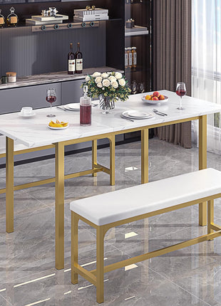 63" Extendable 3-Piece Kitchen Table Set with Benches and Chairs, Modern Dining Solution for 4 to 6, Space-Saving Design, Easy Assembly