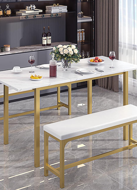 63" Extendable 3-Piece Kitchen Table Set with Benches and Chairs, Modern Dining Solution for 4 to 6, Space-Saving Design, Easy Assembly