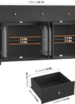 55.1" Farmhouse Buffet Cabinet with Storage Solutions, Featuring 3 Drawers and 4 Doors, Black Wood Sideboard for Kitchen and Coffee Bar