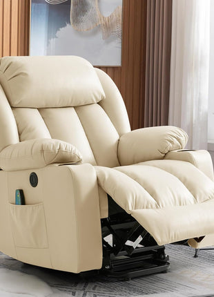 Premium Electric Power Lift Recliner Chair for Seniors with Massage and Heat Features, Includes Cup Holders, Remote Control, USB Ports, Side Pockets, Leather Finish (Cream)