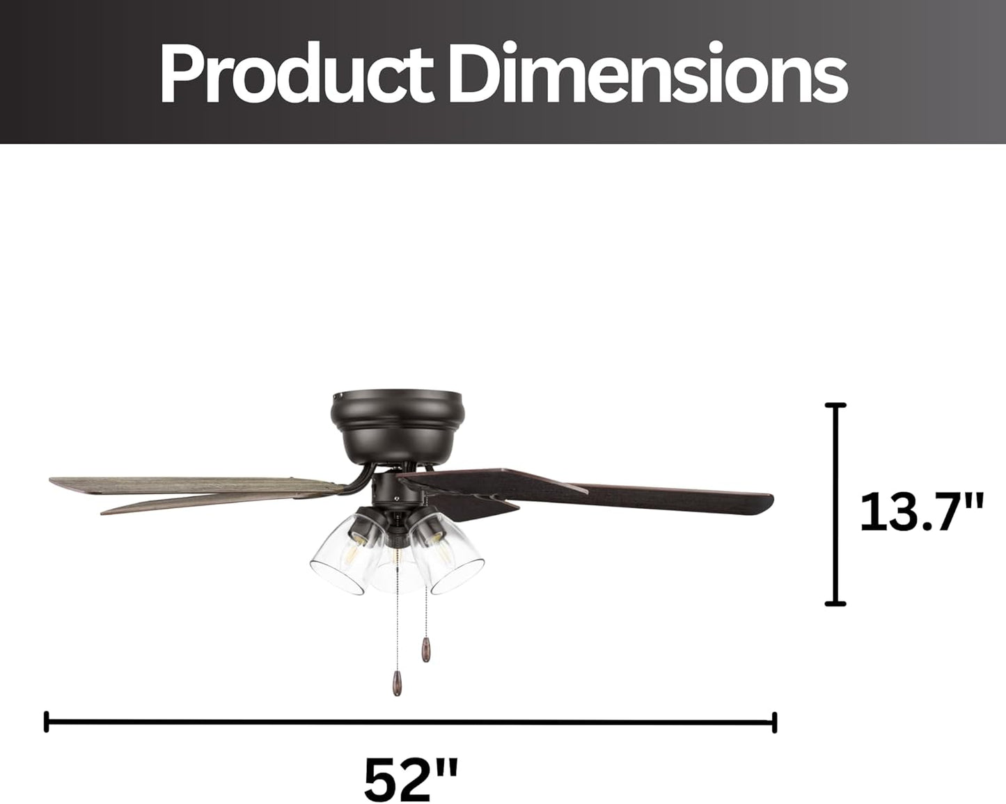 Ceiling Fans 52" Renton Bronze Indoor Fan with Clear 3 Light LED Multi Arm; E26/B11 Bulb and Pull-Chains, Traditional Style, 5 Reversible Barnwood/Dark Chestnut Blades, 51439