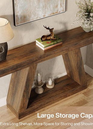 55-Inch Rustic Farmhouse Console Table with Storage - Industrial Wooden Entryway Table for Hallway and Living Room in Dark Brown