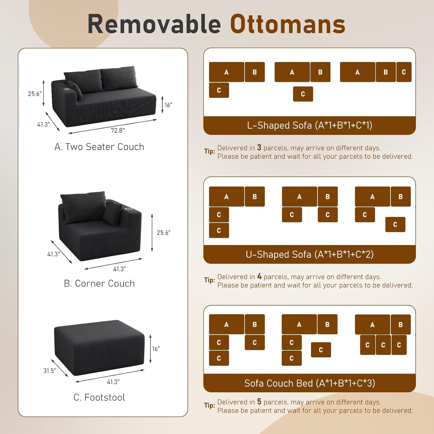 112" U Shaped Modular Sectional Sofa with 2 Ottomans, Boneless Cloud Couch with Chaise for Living Room, Modern Deep Seat Lounge Sleeper Couch Bed, No Assembly, Corduroy Black