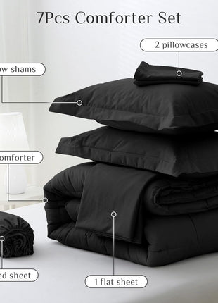 Queen Size 7-Piece Ultra-Soft Comforter Set, Oeko-Tex Certified Bedding Ensemble with Down Alternative Comforter, Sheets, Pillowcases, and Shams in Black