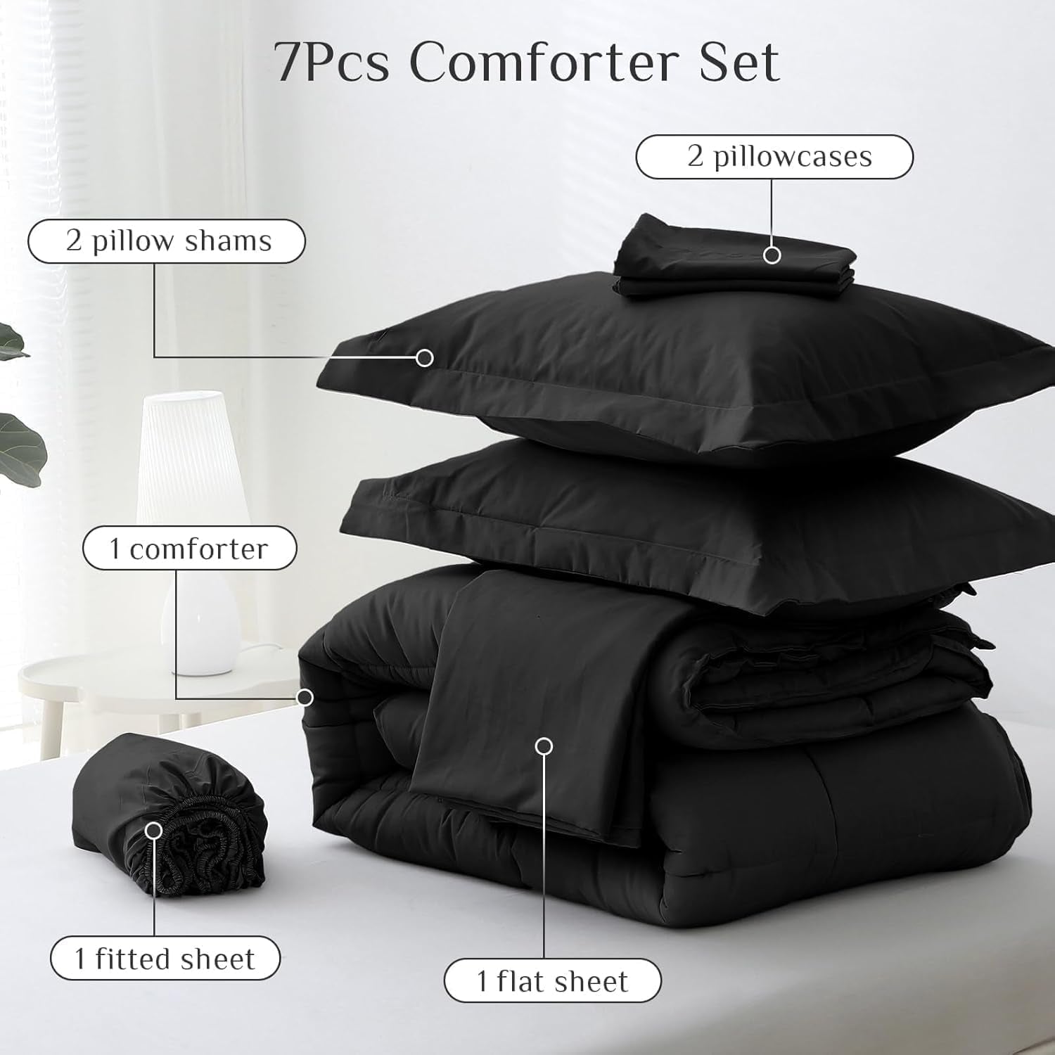 Queen Comforter Set, Ultra-Soft Bed in a Bag Queen Size 7 Pieces, Oeko-Tex Certified Bedding Set with down Alternative Comforter, Sheets, Pillowcases & Shams, Black
