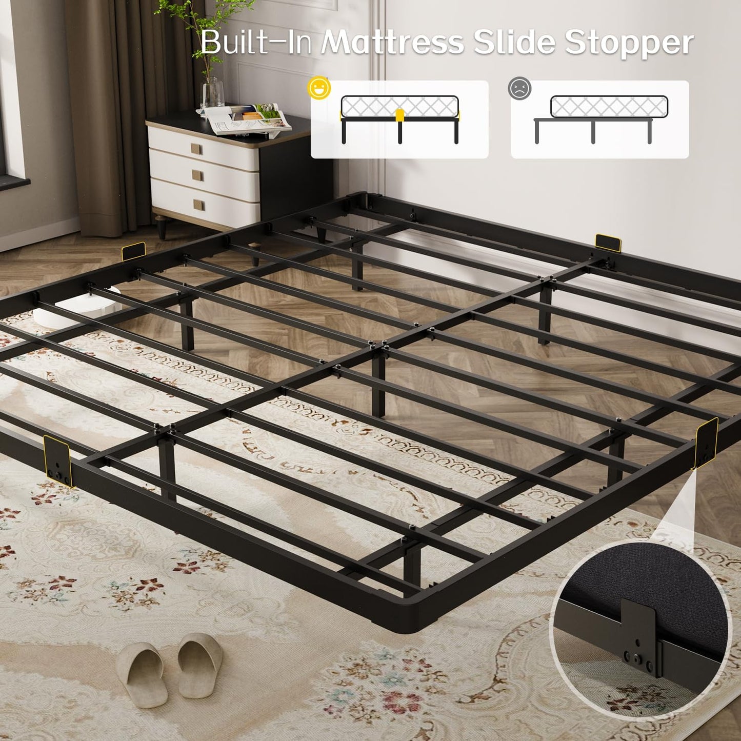 King Size Floating Bed Frame, Metal Platform, with LED Light and Charging Station, No Box Spring Needed, Noise-Free, Easy Assembly