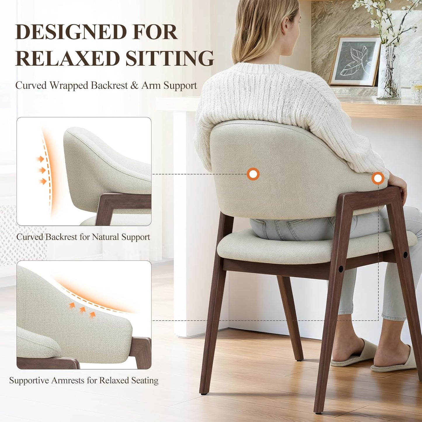 Wooden Dining Chairs Set of 4, Modern Fabric Upholstered Dining Room Chair, Kitchen Side Chairs, Farmhouse Dinner Chair with Curved Open Back for Kitchen, Beige