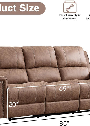 Manual Reclining Faux Leather Sofa, 3-Seater Overstuffed Couch with Vintage Rivet Mid-Century Modern Design for Living and Meeting Rooms - Brown