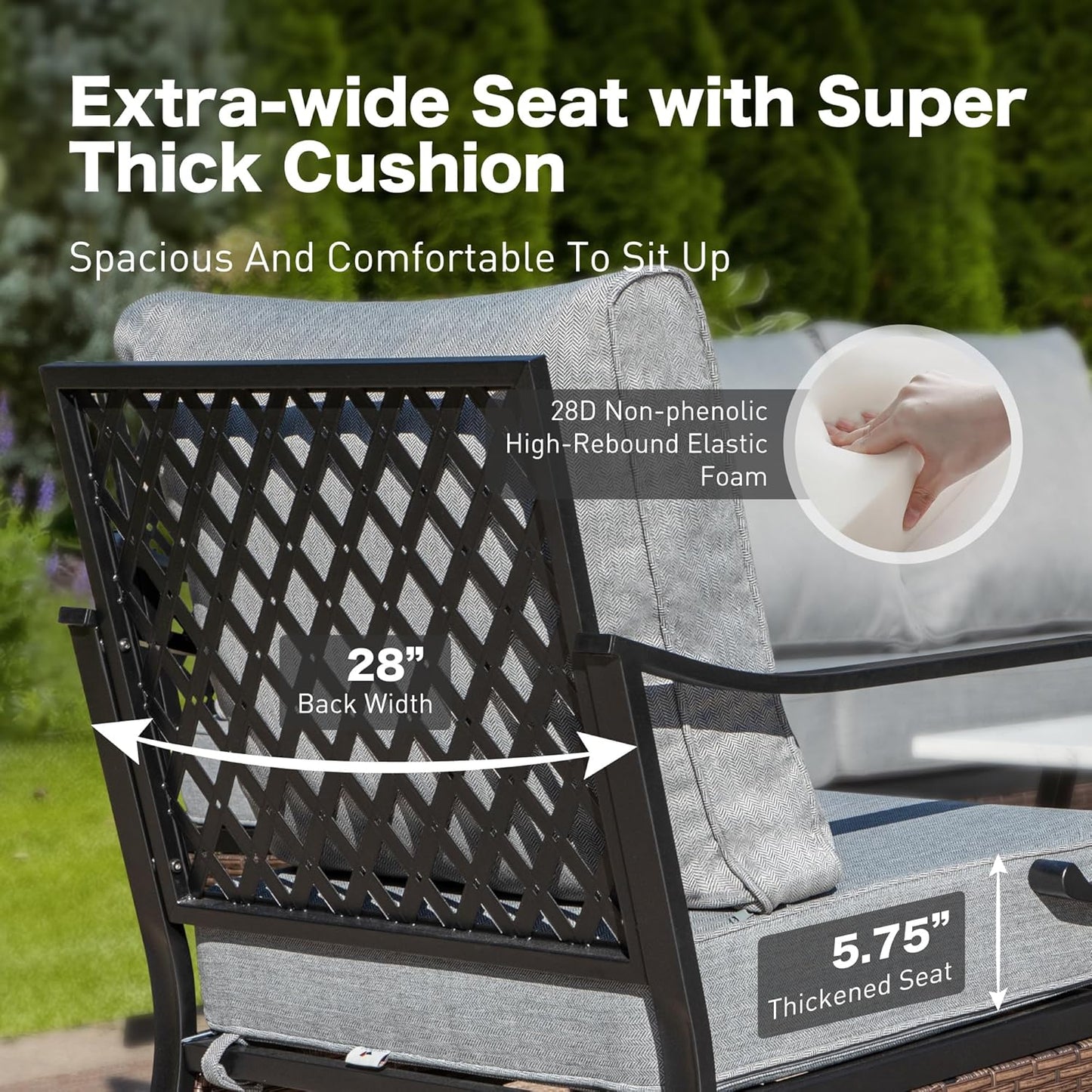 4 PCS Metal Outdoor Patio Furniture Set, Patio Conversation Sets 1 3-Seater Sofa, 2 Swivel Chairs with 5.75" Extra Thick Cushion & Coffee Table, Black Frame Backyard Furniture, Gray