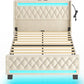 Queen Bed Frame with LED Light and Charging Station, Upholstered High Headboard and Footboard, Wood Slats, Noise Free, Easy Assembly, Beige