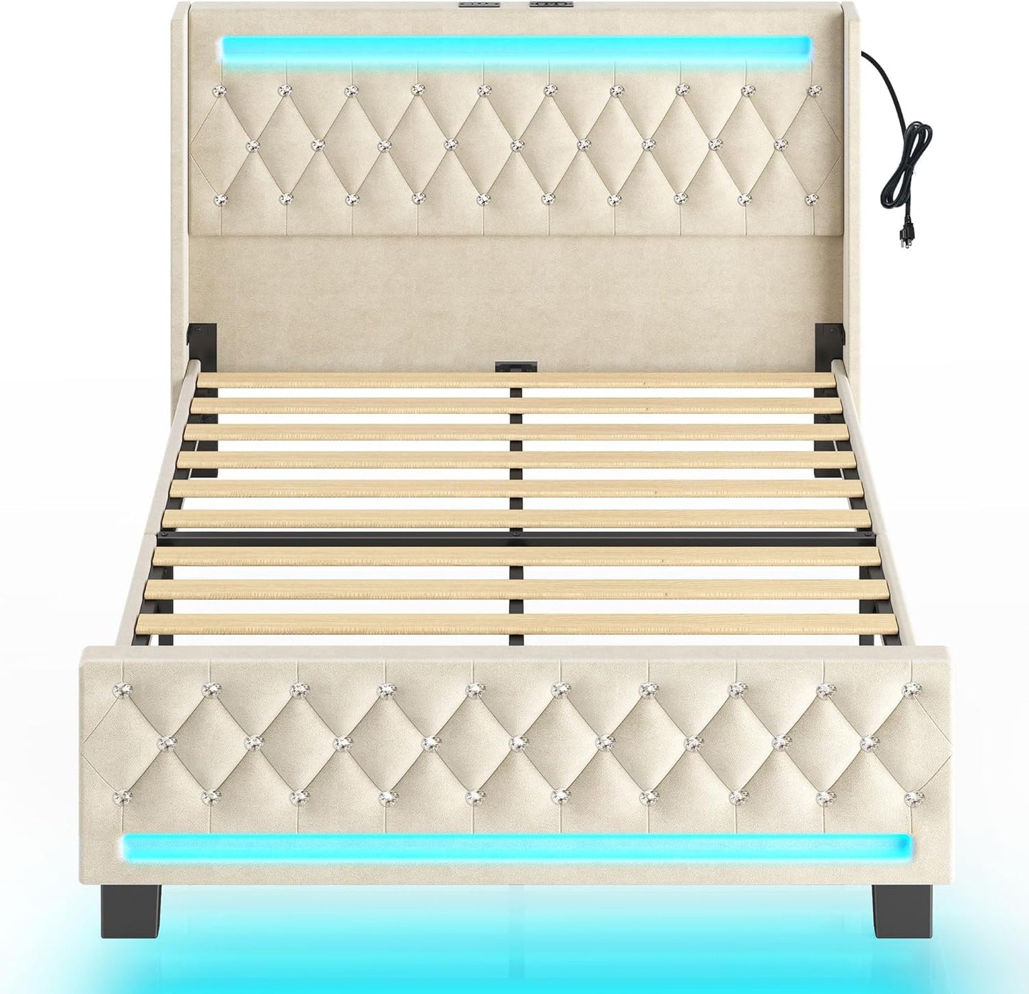 Queen Bed Frame with LED Light and Charging Station, Upholstered High Headboard and Footboard, Wood Slats, Noise Free, Easy Assembly, Beige