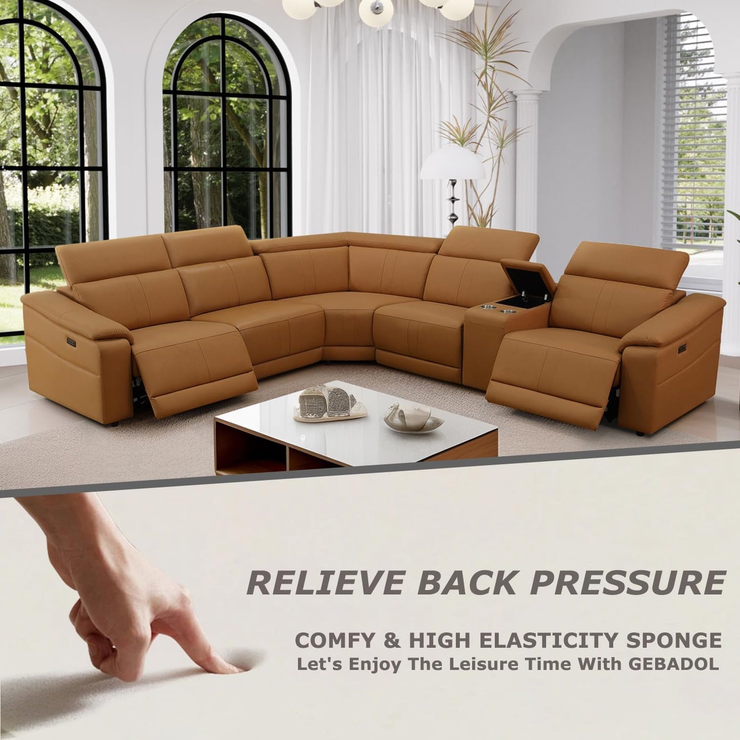 Power Recliner Sectional Sofa, L-Shaped Living Room Furniture Set, Light Brown Leather Sofa, Reclining Sectional Couch with Storage Console/Cup Holder for Living Room/House/Apt