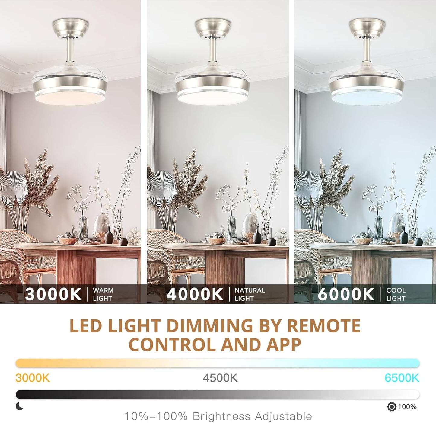 30" Retractable Ceiling Fans with Lights, Dimmable LED Ceiling Fan Remote Control, Modern Small Fan Light for Bedroom Living Room Dinning Room Kitchen, 3000K-6500K, 6 Speed (Brushed Nickel)