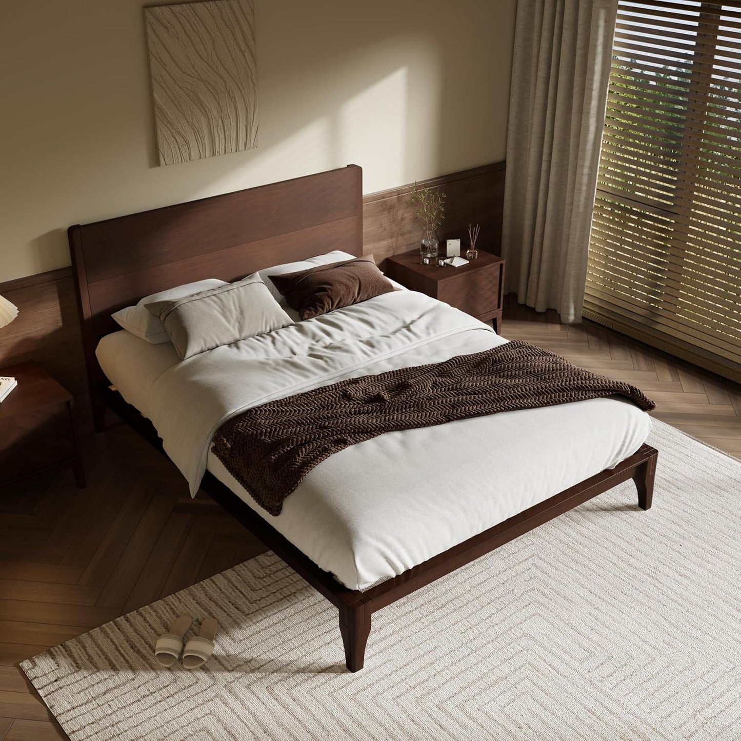 Full Size Bamboo Platform Bed, Mid-Century Modern Bed Frame with Tall Headboard, Solid Sustainable Bedframe Full-Size, Wood Slat Support, No Box Spring Needed, Easy Assembly, Espresso