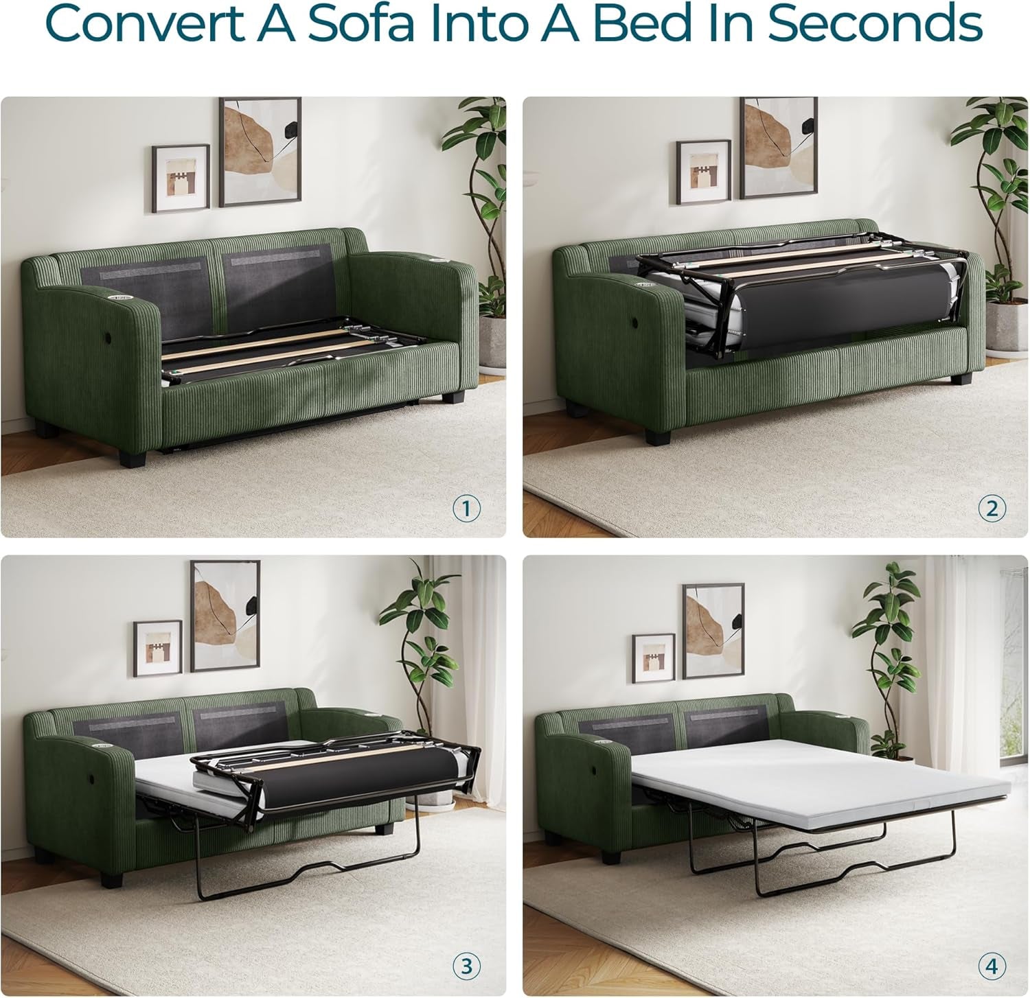 Pull Out Sofa Bed - Convertible Loveseat Sleeper Sofa, Upgraded Bed Frame Pullout Couch - USB Charging & Cup Holders, Corduroy Sofa Bed for Living Room Small Space, Queen Size (Green)
