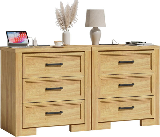 24" Wide Nightstand Set of 2, Night Stand with Charger Station, Bedside Table with 3 Drawers, Sofa Side Table for Bedroom, Living Room, Entryway, Natural Oak