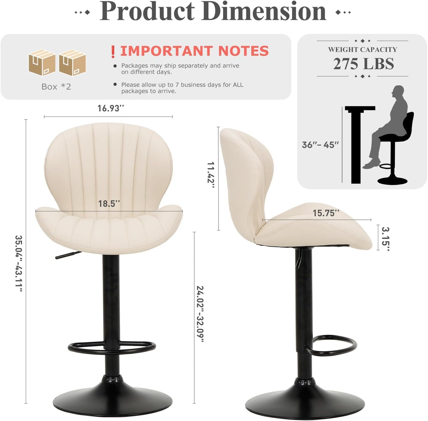 Bar Stools Set of 4, Modern Swivel Bar Chairs, Adjustable Faux Leather Upholstered Barstools Counter Height with High Backrest for Bar, Kitchen Island, Dining Room, Beige