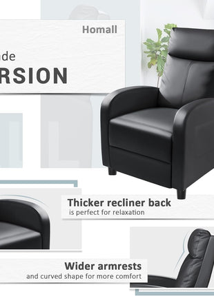 Reclining Chair and Sofa in PU Leather with Lumbar Support for Home Theater and Living Room (Black)