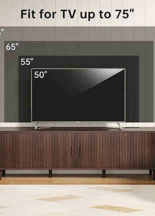 70-Inch Mid-Century Modern Television Stand with Sliding Doors, Power Outlet, Adjustable Shelves, Fluted Design, and Walnut Finish