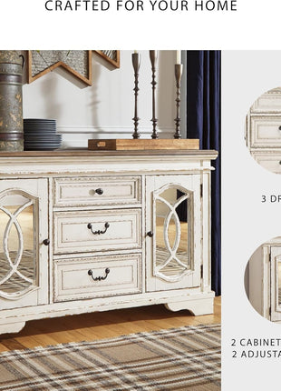 Signature Design by Ashley Realyn French Country Distressed Dining Room Server with Three Drawers and Two Cabinet Doors, Wood Construction, 59" W x 17" D x 36.5" H, Chipped White Finish