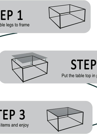 Contemporary Square Glass Coffee Table for Living Room - Tempered Glass Surface with Durable Metal Frame, Perfect for Compact Spaces, Easy Assembly, 26.4 x 26.4 x 15.7 Inches, Gray and Black