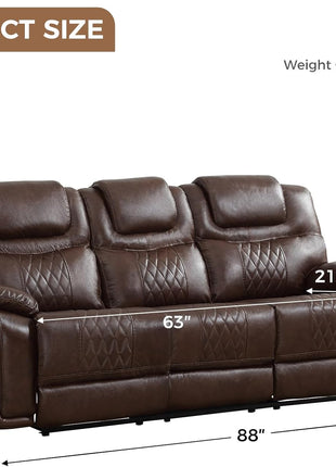 Genuine Leather Three-Seat Manual Reclining Sofa with Overstuffed Armrests, Ideal for Living Rooms, Meeting Rooms, and Bedrooms, Dark Brown
