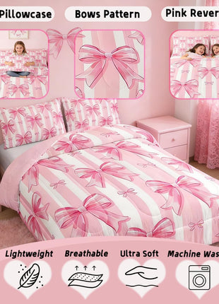 Pink Bowknot Comforter Set - Full Size Dreamy Princess Bedding for Girls' Bedrooms, Kawaii Geometric Bow-Tie Design, All-Season Comforter Set