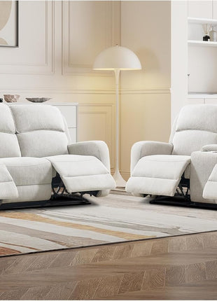 Reclining Sofa Set in Soft Fabric: Overstuffed Loveseat and 3-Seater Couch for Living and Meeting Rooms