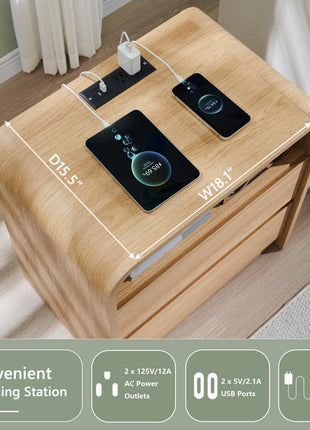 25-Inch Tall Modern Nightstand with Integrated Charging Station, 23.6-Inch Wide Wooden Bedside Table Featuring Two Storage Drawers, Spacious Mid-Century End Table for Bedroom and Living Room with Curved Profile Design in Natural Oak