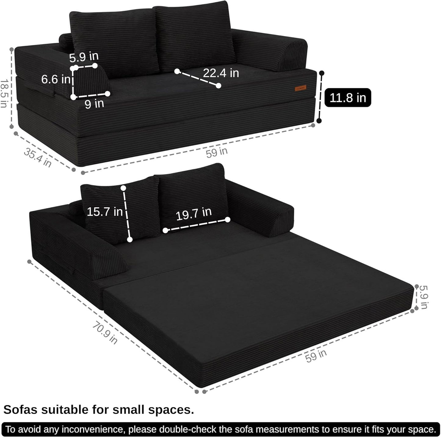 Convertible Sofa Bed – Folding Floor Couch Loveseat with Corduroy Cover & Pillows, Black | Multi‑Mode Lounger, Futon Sleeper Mattress for Living Room & Bedroom