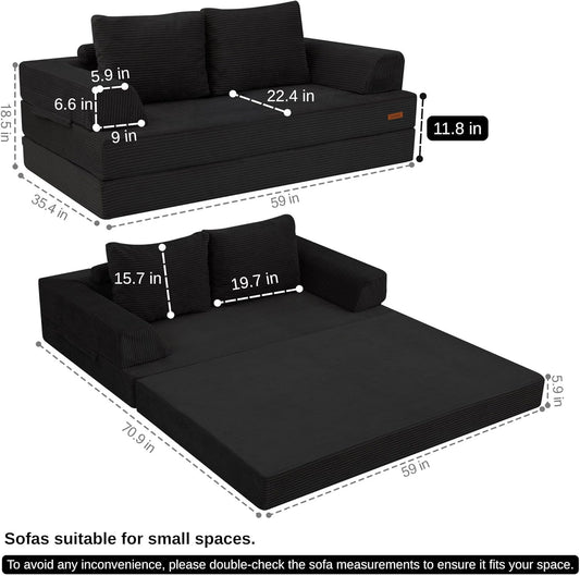 Convertible Sofa Bed – Folding Floor Couch Loveseat with Corduroy Cover & Pillows, Black | Multi‑Mode Lounger, Futon Sleeper Mattress for Living Room & Bedroom